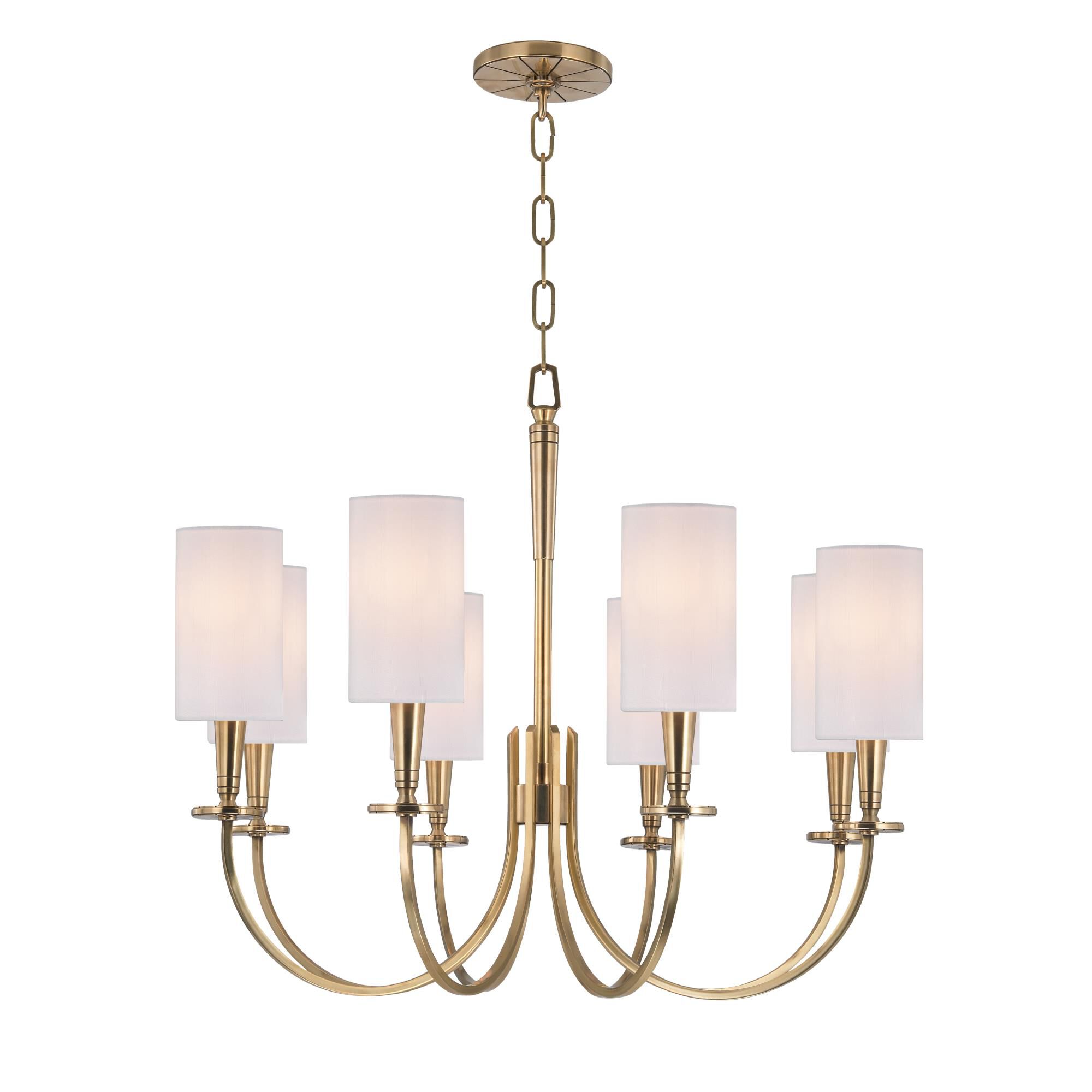 Shown in Aged Brass finish and White Faux Silk shade